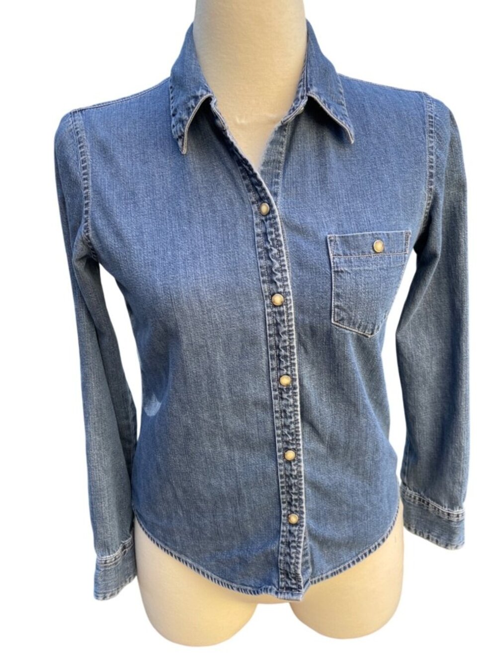 Vintage Y2K Old Navy Denim Pearl Snap Shirt Size XS Long Sleeve Pocket Hong Kong